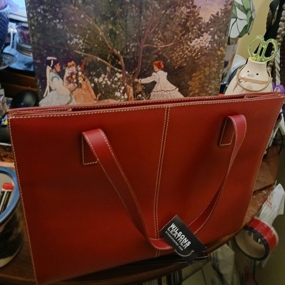Wilson's VINTAGE Red Leather Large Bag.👜NEW Size L.16"×H.12",Nice Gift!🎁 - Picture 14 of 16